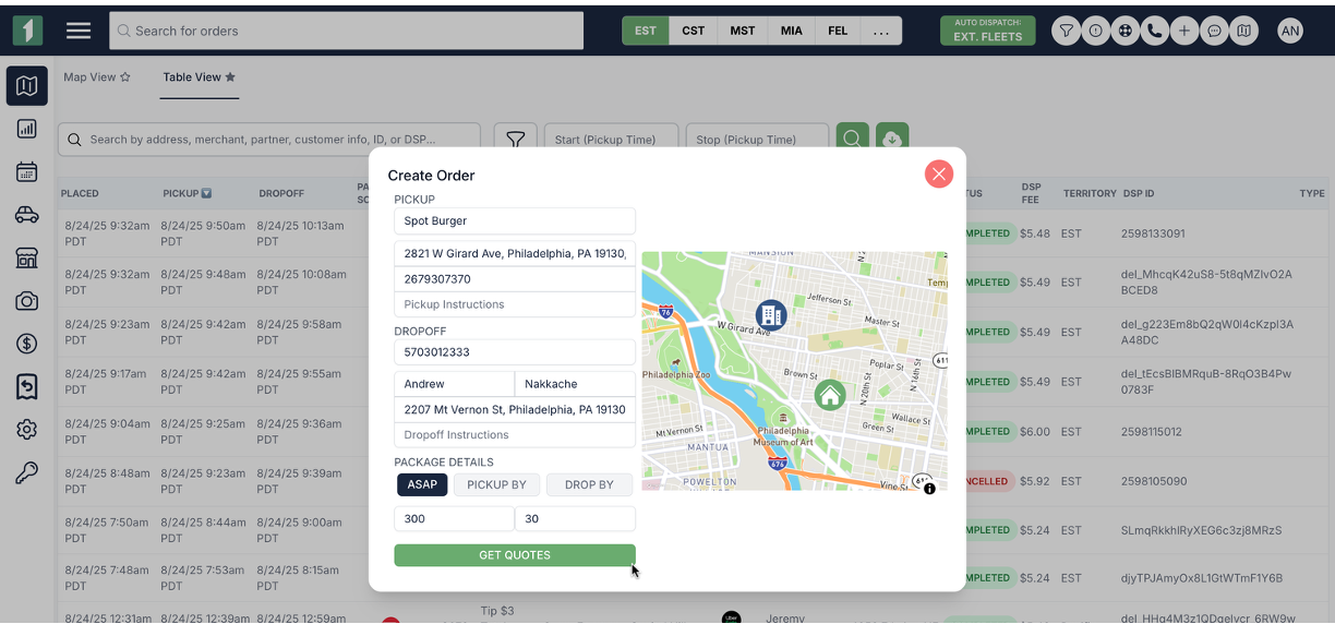 View Quotes and Dispatch an External Delivery