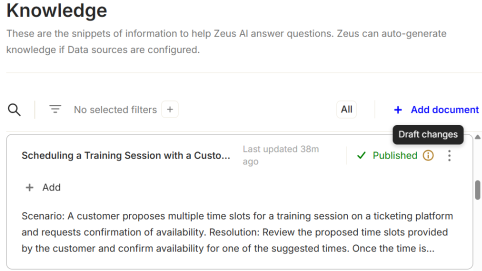 How to manage Zeus AI Knowledge Snippets