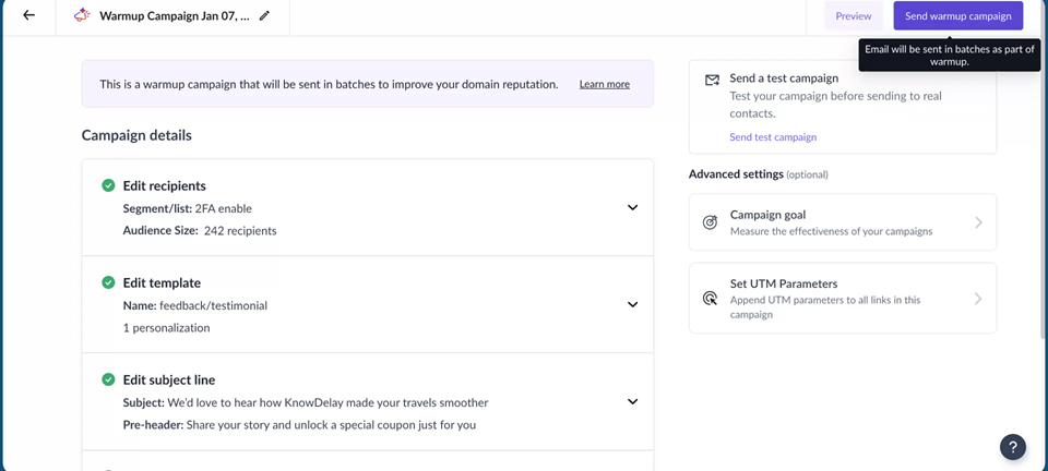 How to configure Adapative Campaign for Warmup