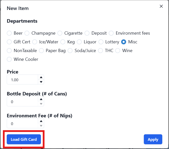 Creating/Loading Gift Cards